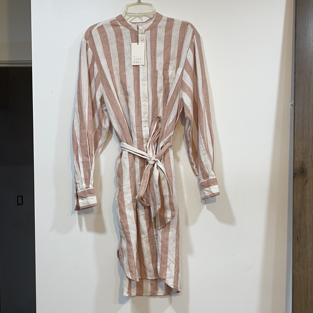 A New Day Women’s Long Sleeve Belted Dress Brown/Cream Striped Size S NWT 4